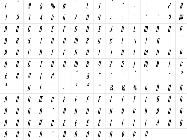 Blue Cobra Extra-Expanded Ital Regular  glyph index