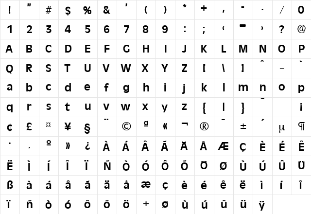 Ravenna-Serial Bold  glyph index