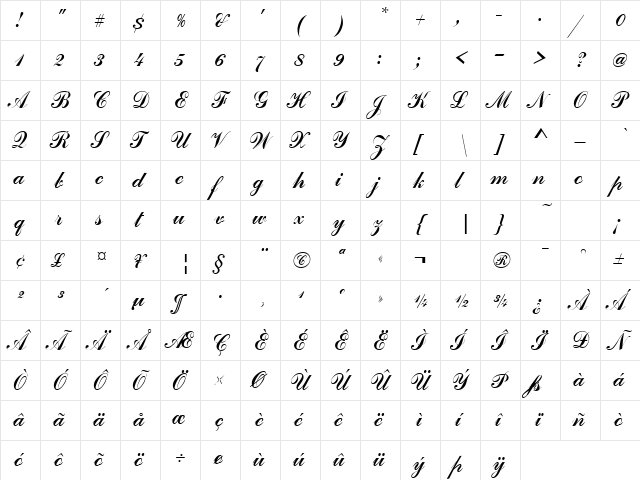 Handscript SF Regular  glyph index