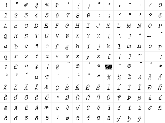Linenstroke Italic  glyph index
