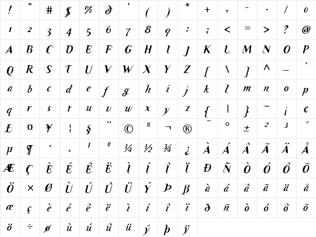 TemaCantante Bold  glyph index