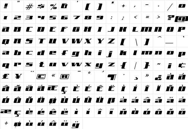 FreeLine SerifCruiser  glyph index
