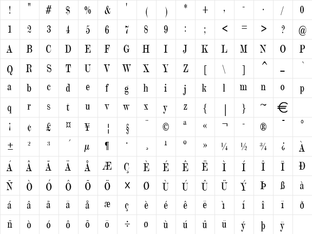 UpstartCondensed Normal  glyph index