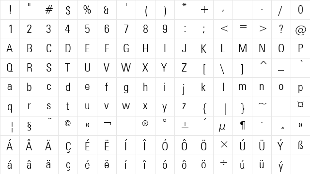 Zurich LtCn L2 Light  glyph index