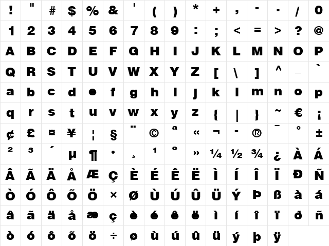 Helvetica LT Black Regular  glyph index