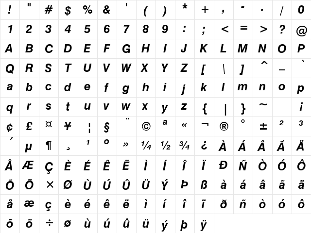 Halvett Bold Italic  glyph index