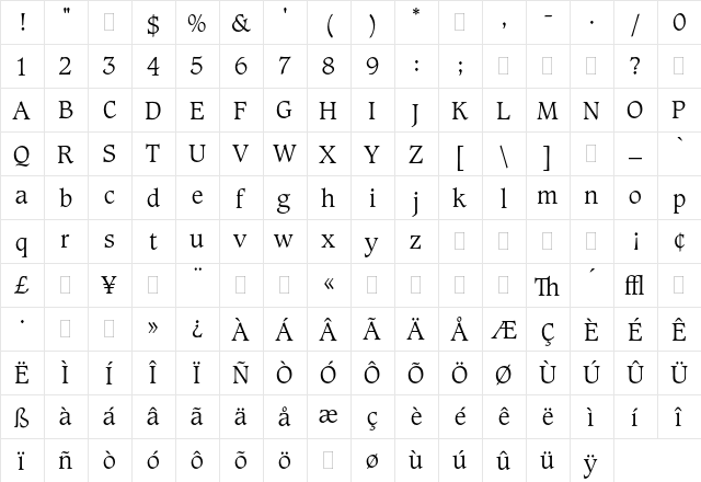 Caxton Roman Light Plain  glyph index