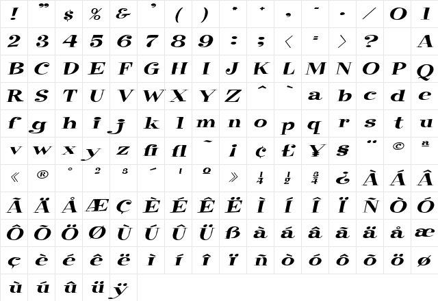 RaskinExtended Italic  glyph index