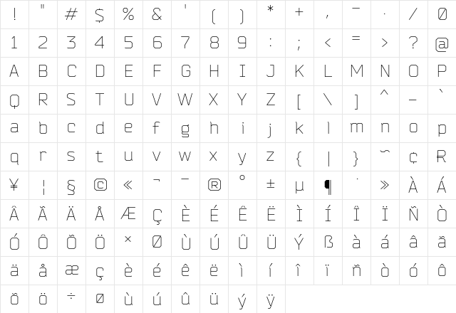 Bender Light  glyph index