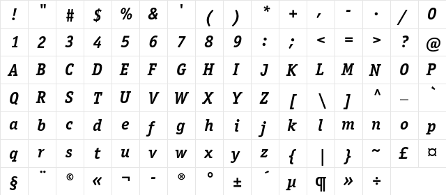 OfficinaSerifBoldC Italic  glyph index