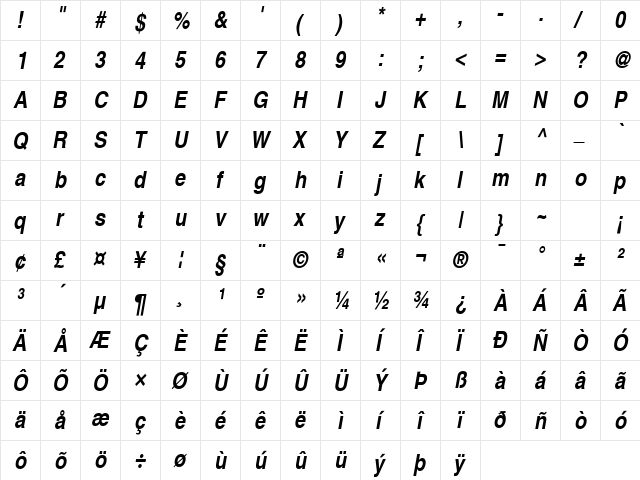 Context Extra Condensed SSi Bold Extra Condensed Italic  glyph index