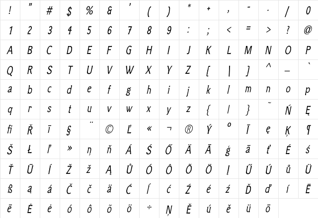 ClicheeCE Oblique  glyph index