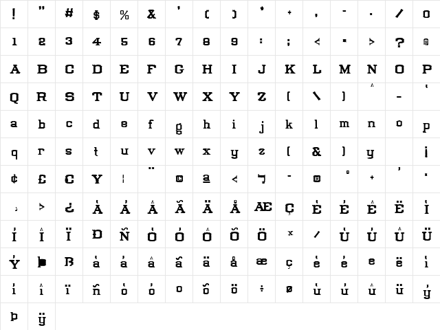 Tuscan Condensed Regular  glyph index