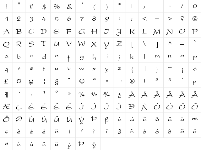 Hansa Regular  glyph index