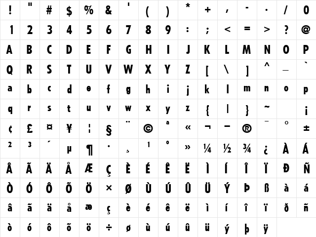 ArcheBlackCondSSK Regular  glyph index