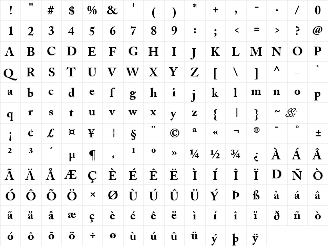 Caslon Black SSi Bold  glyph index