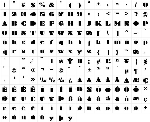 Braggadocio Regular  glyph index