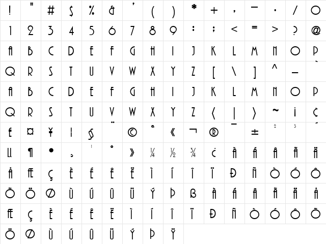 Plaza Regular  glyph index