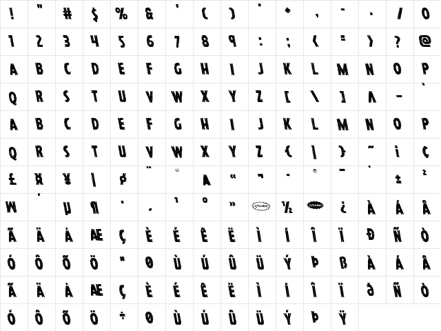 Hanging Tree Leftalic Italic  glyph index