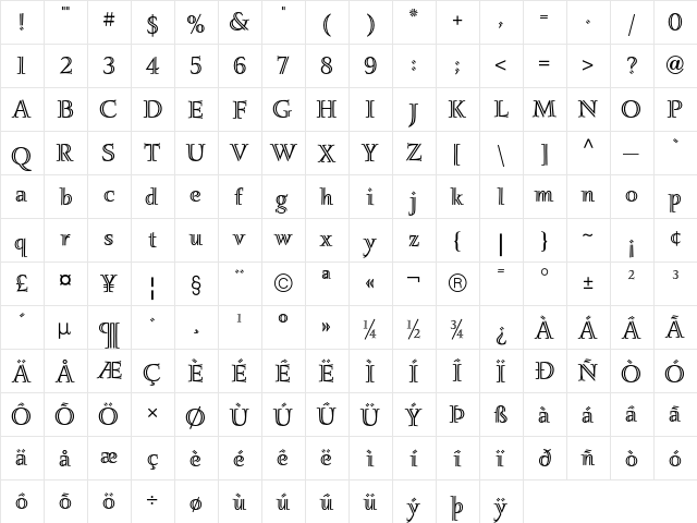 IgnatiusICG Regular  glyph index
