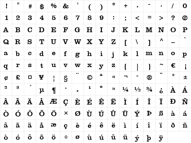 Clarendon LT Regular  glyph index