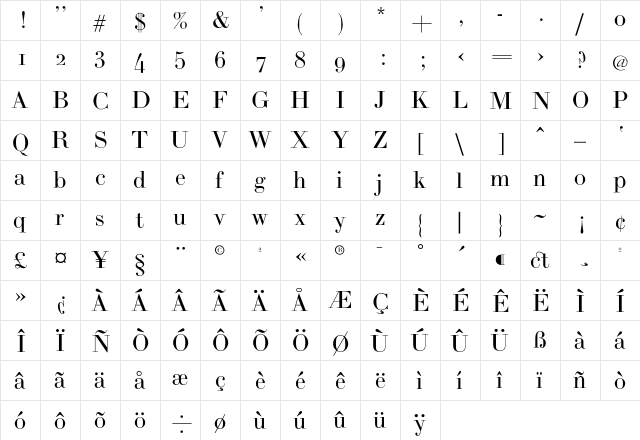 BodoniZH Regular  glyph index