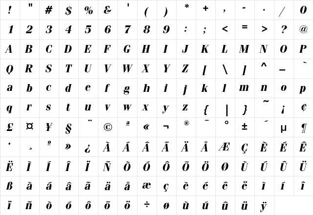 FeniceEF-BoldItalic Regular  glyph index