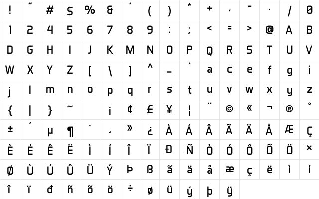 Aero Matics Regular  glyph index