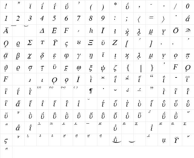 HellenicaExtras Italic  glyph index