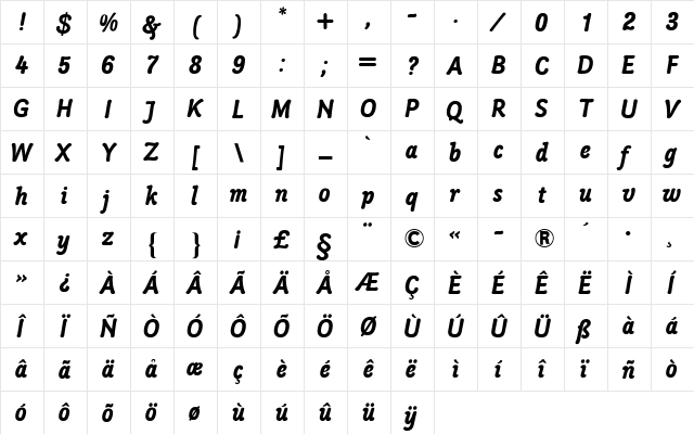 Poppl-College One BQ Bold  glyph index