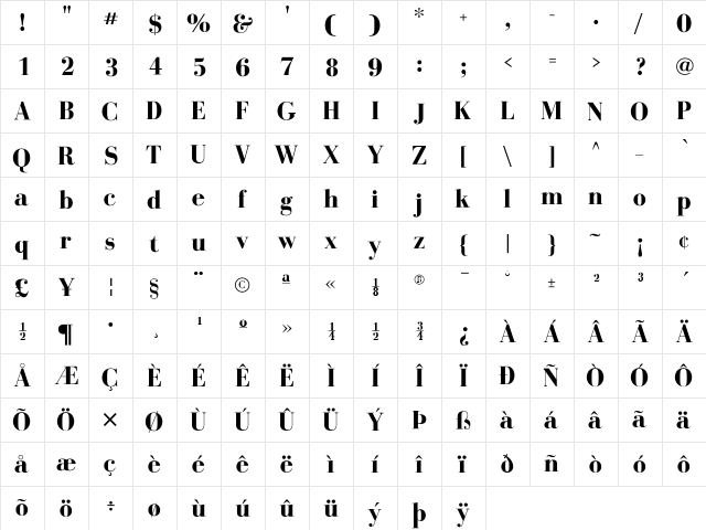 BodoniFLF Bold  glyph index