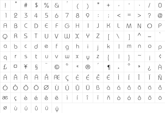 Bauhaus_Light-Normal Regular  glyph index