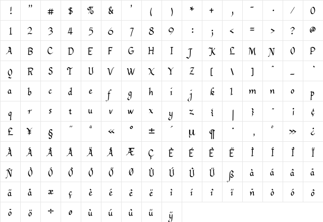 FaustusBold Regular  glyph index