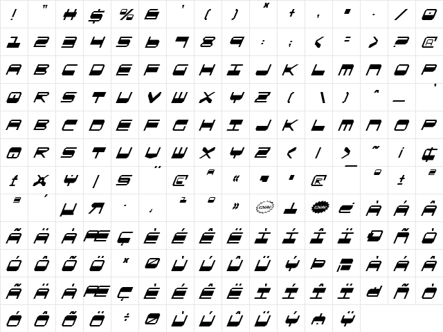 QuickGear Condensed Italic Condensed Italic  glyph index
