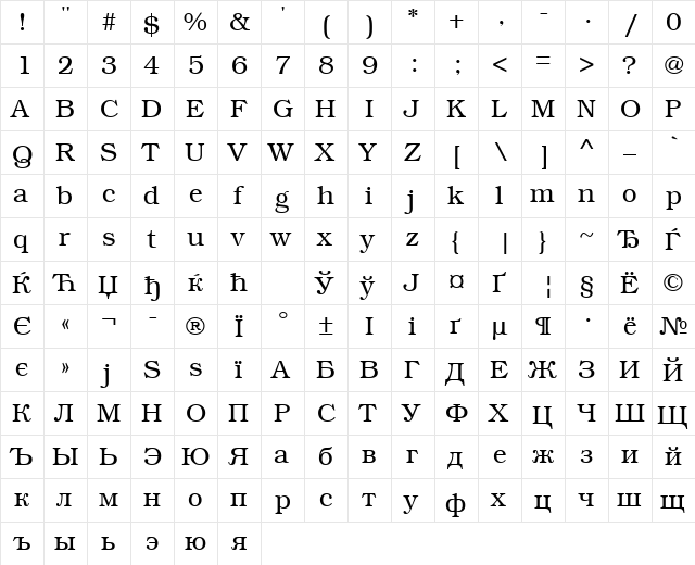 BookmanCTT Regular  glyph index