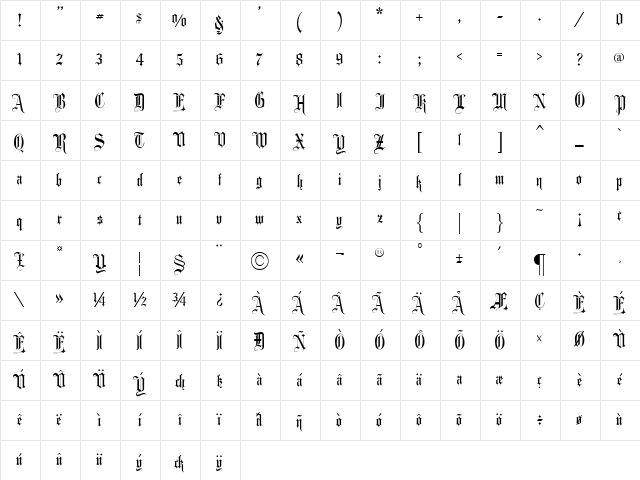 Fancy Card Text Regular  glyph index