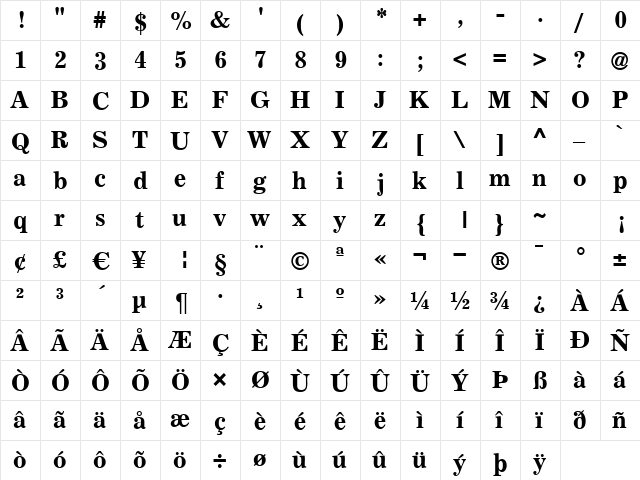 Exemplary Bold  glyph index