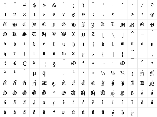 OldBlackletter Regular  glyph index