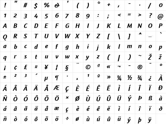 Textra LT Book Bold Italic  glyph index