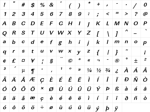 URWLinearTWid Bold Oblique  glyph index