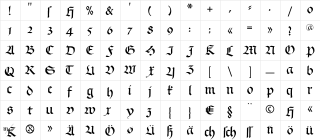 Schwabach Regular  glyph index