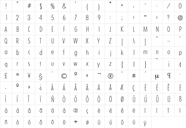 Limerick-XlightCond Regular  glyph index