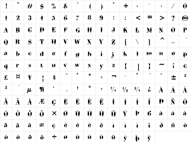 BodoniBrush ITC Bold  glyph index