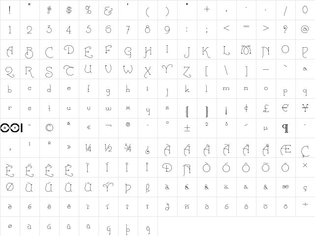 Calamity Jane NF Regular  glyph index
