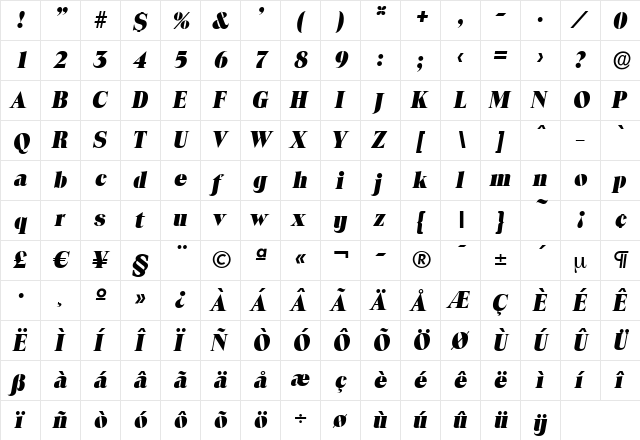 RalphBecker-Heavy Italic  glyph index