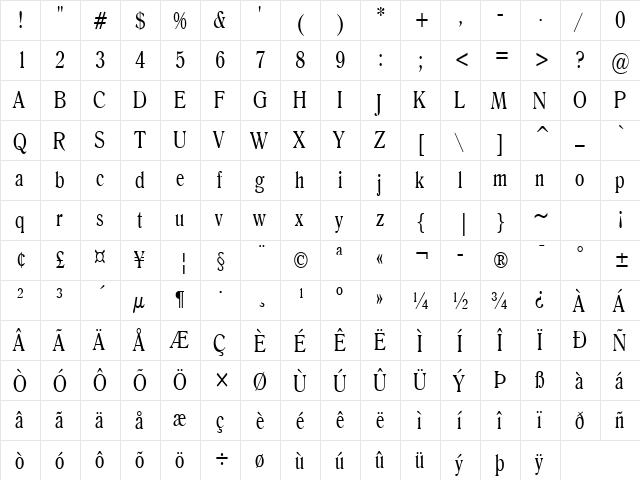 Roomy-Condensed Normal  glyph index