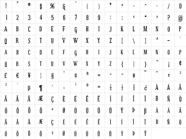 Covington SC Cond Bold  glyph index