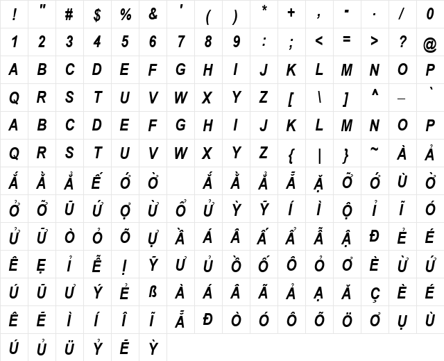 VPS Pleiku Hoa Bold Italic  glyph index