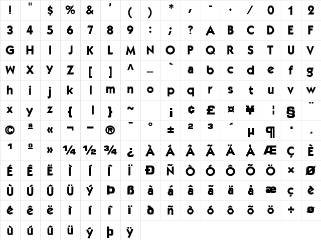 Elegance104 Bold  glyph index