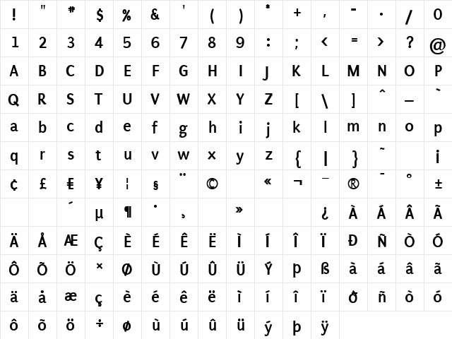 Puritan Regular  glyph index